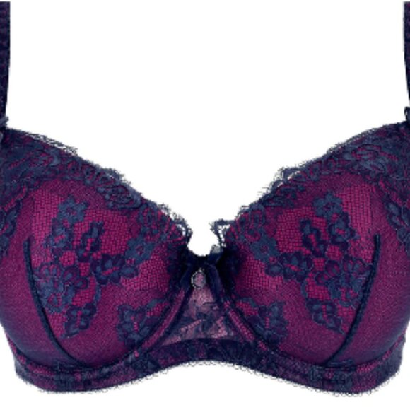 Dita Von Teese Savoir Faire Curve Bra Navy Blue Magenta Pink lace NWT size 44DD - Picture 2 of 2